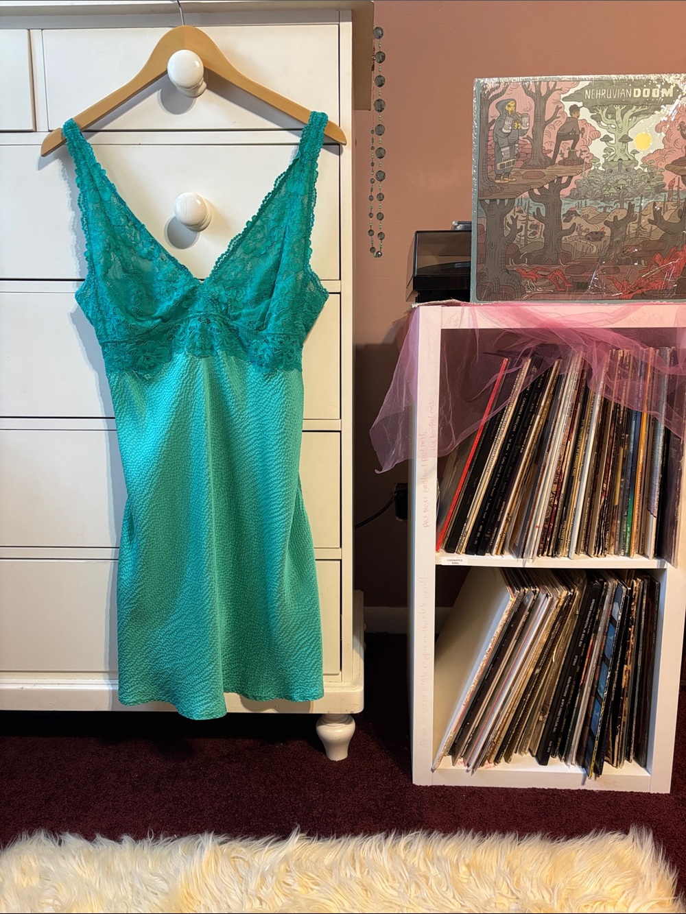 Vintage 100% Silk Y2K Lace Bias Mini Slip Dress Teal Green Blue Large Naked Cute